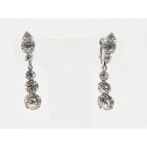 Vintage Clear Rhinestone Long Dangle Drop Earrings Silver Tone Clip On 1950s